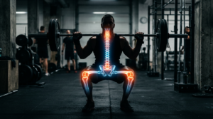 Person squatting with barbell and highlighted skeletal joints and spine overlay