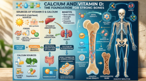 Diagram explaining sources, absorption, and benefits of calcium and vitamin D for bone health